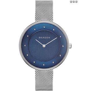 Skagen dameur i rustfrit stål med flot blå skive og mesh-lænke, SKW2293